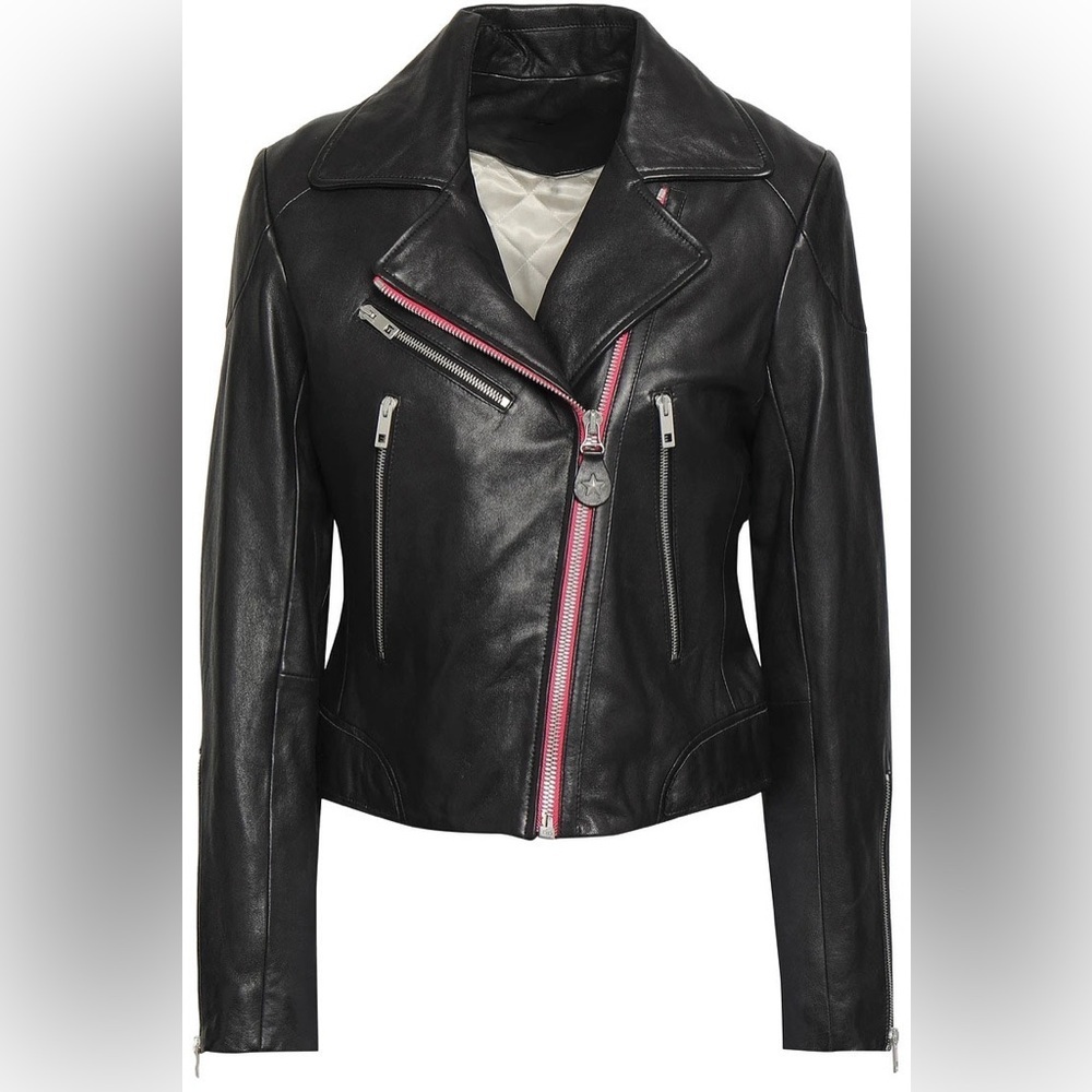 Rag & Bone Griffin Black Leather Moto Jacket with Pink/Red Trim Size 0 NWOT